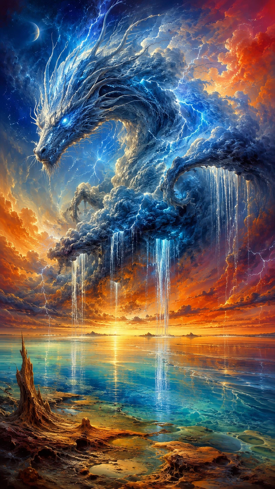 Storm dragon of lightning above a radiant alien sea