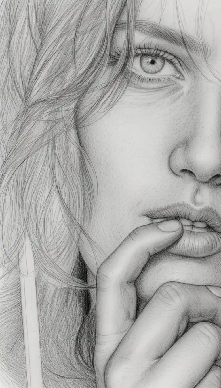 Mulher pensativa em meio rosto, close-up com a mão junto aos lábios