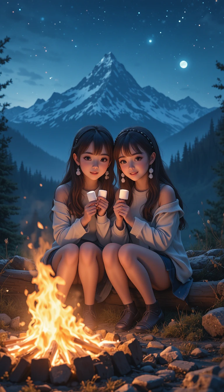Two anime girls sharing marshmallows by a mountain campfire
