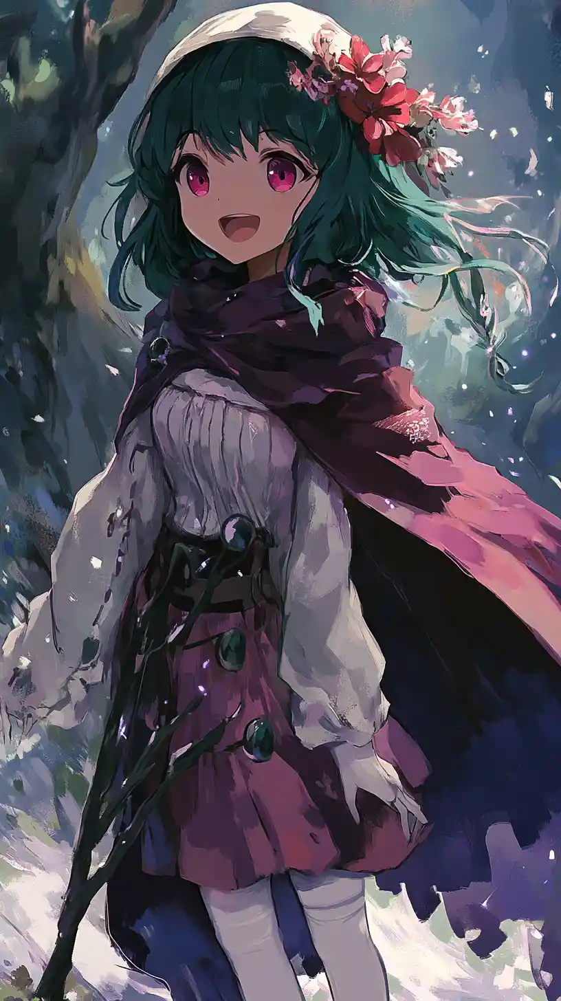 Anime girl in white sweater walking along sunset beach