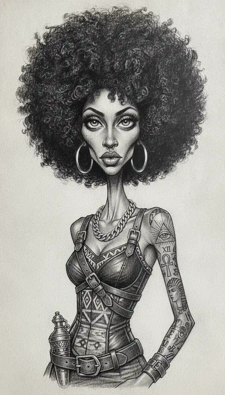 Ritratto a carboncino di una guerriera con enorme afro