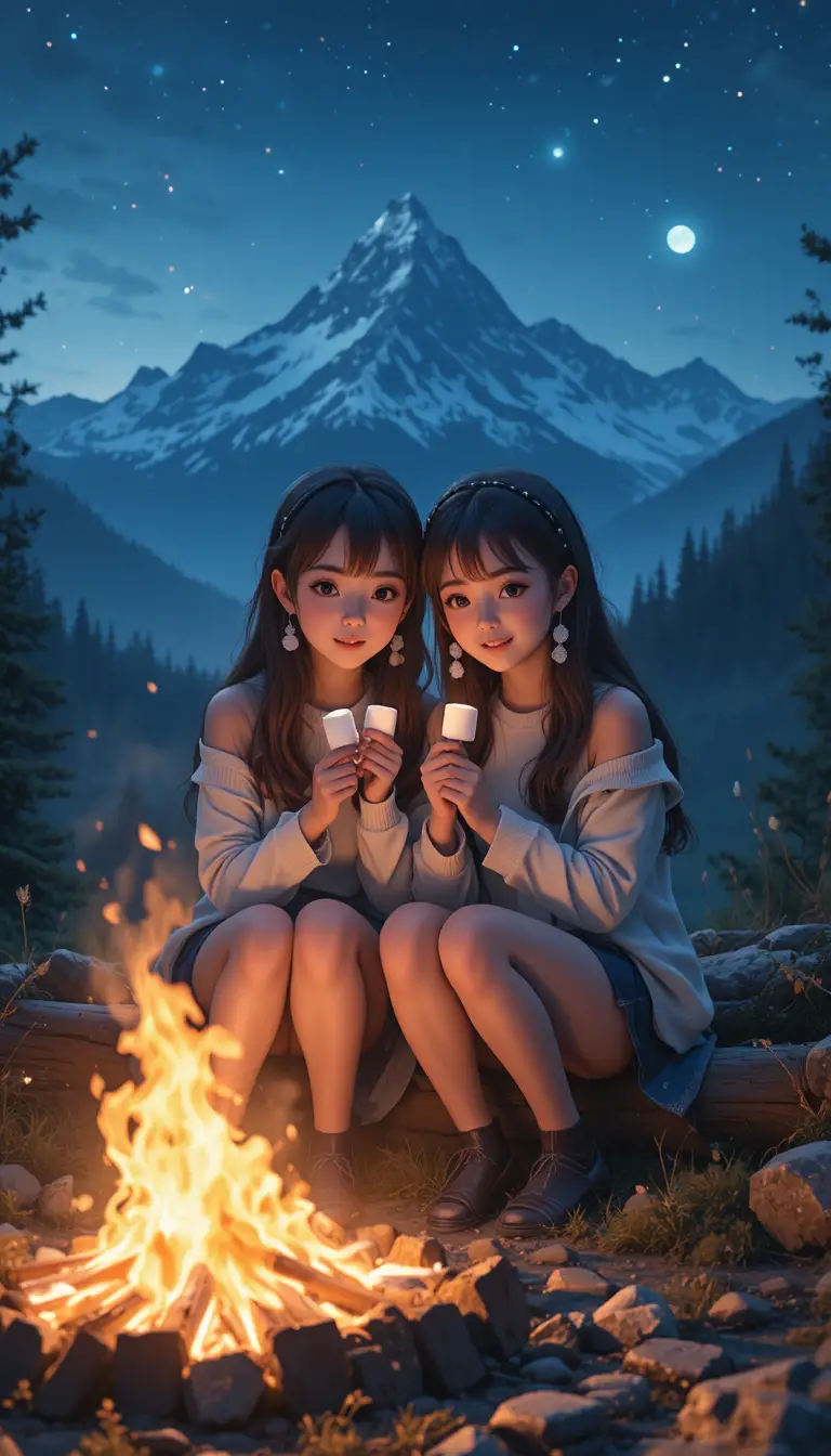 Two anime girls sharing marshmallows by a mountain campfire