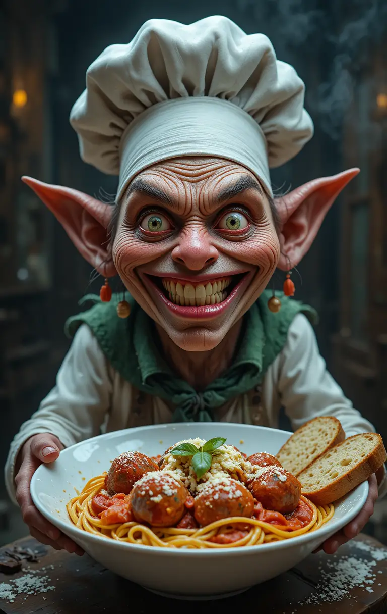 Creepy goblin chef serving a huge bowl of spaghetti