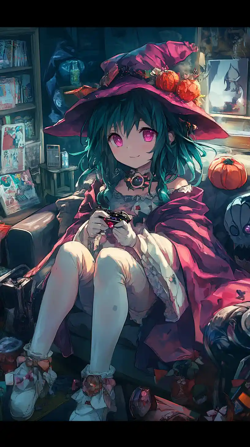 Anime girl gaming on couch at a cozy halloween party