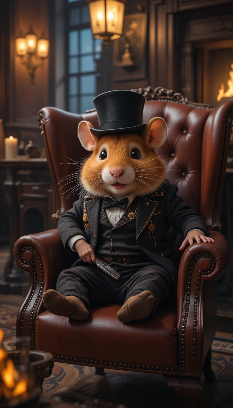 Victorian hamster gentleman relaxing by the fireplace