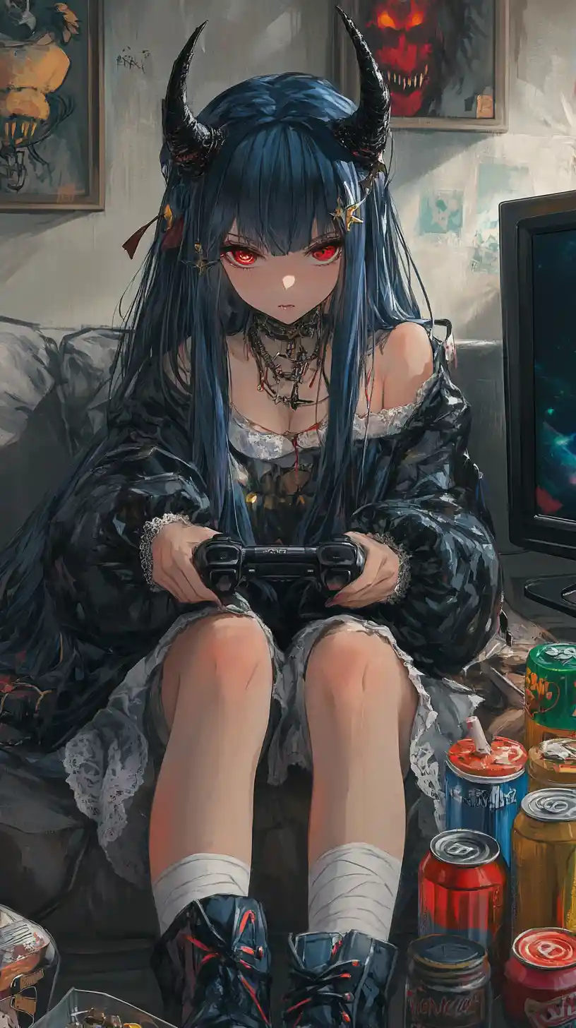 Anime girl gaming on a couch with snacks and drinks