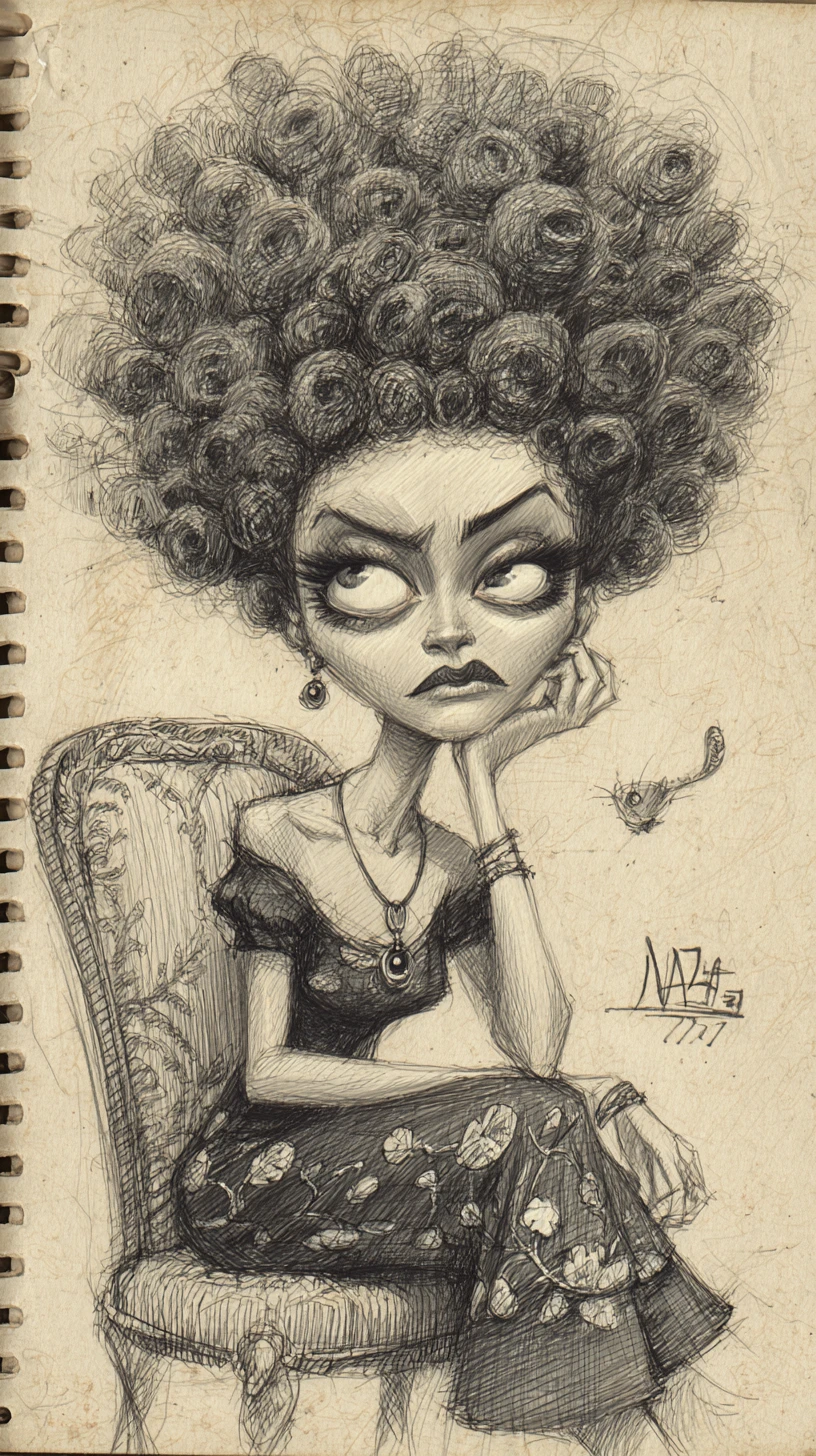 Charcoal portrait of a woman with oversized head and afro hair