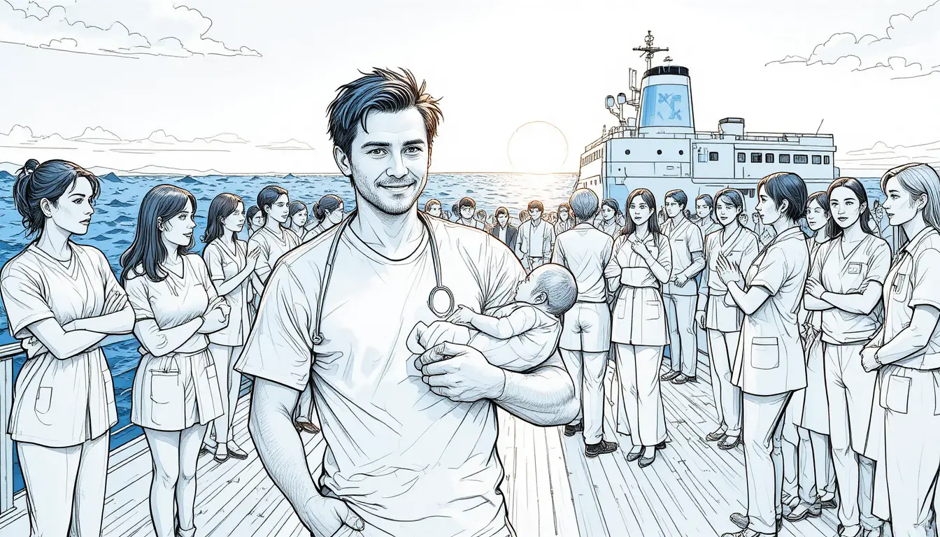 Tired doctor at dawn on a ship deck at sea