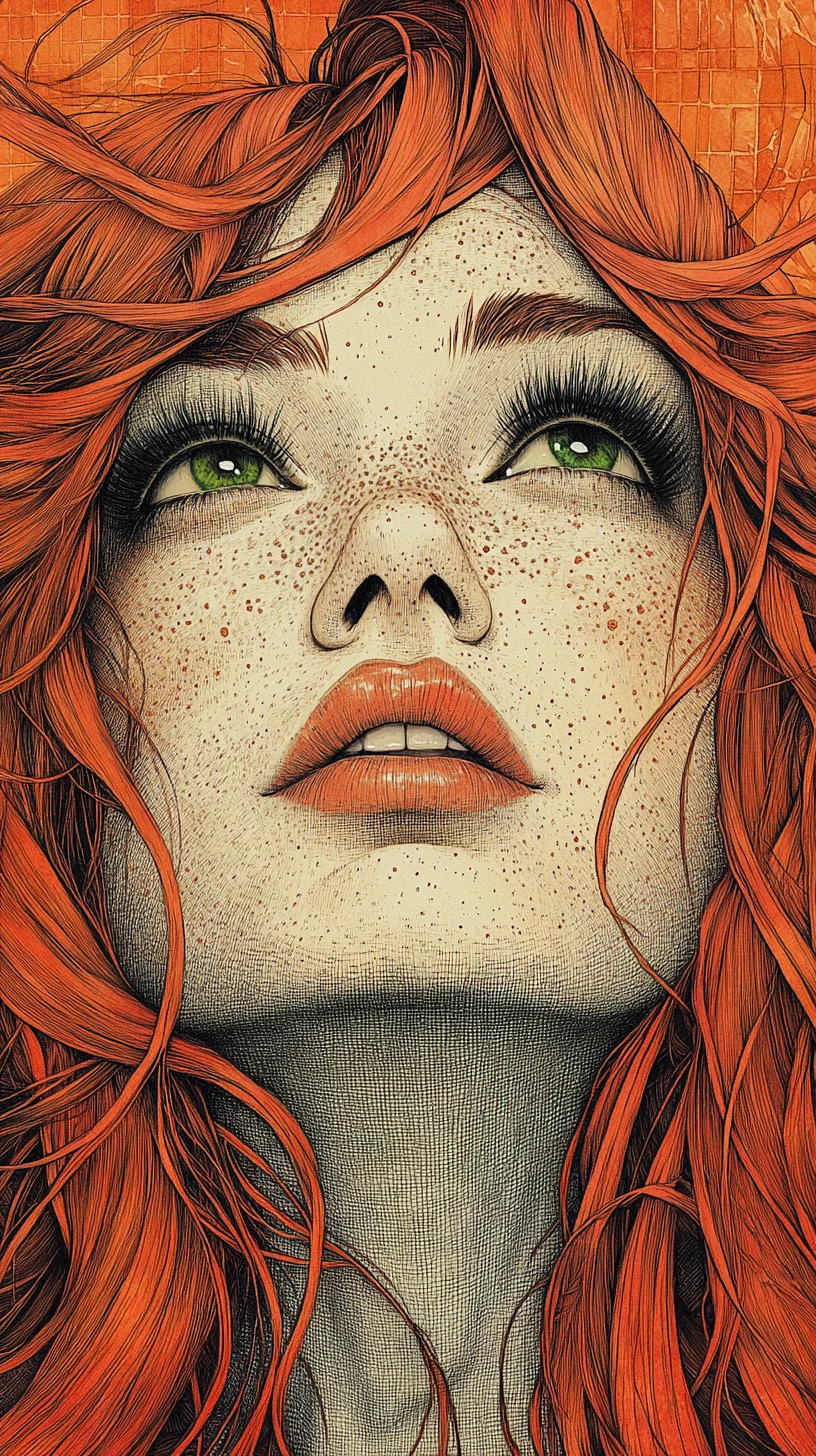 Ink portrait of freckled woman with windswept red hair