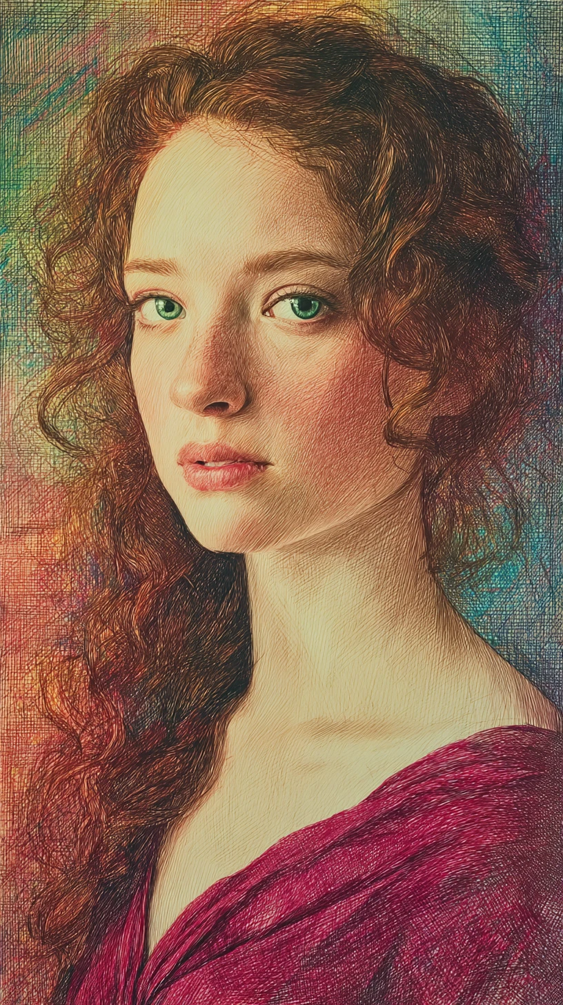 Colored pencil portrait of a woman with emerald green eyes