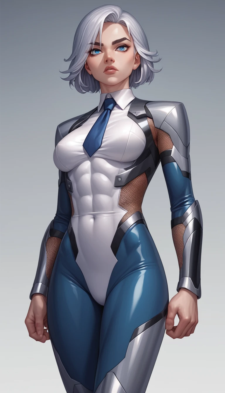 Platinum haired anime heroine in sleek combat bodysuit