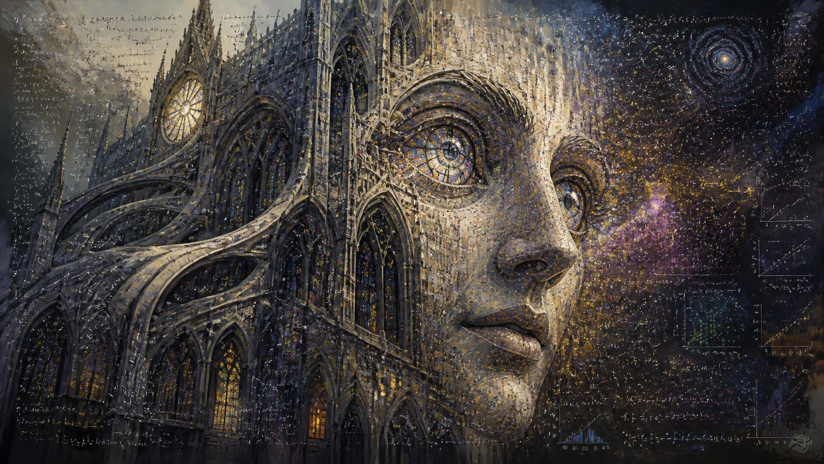 Abstract gothic cathedral dissolving into symbolic details