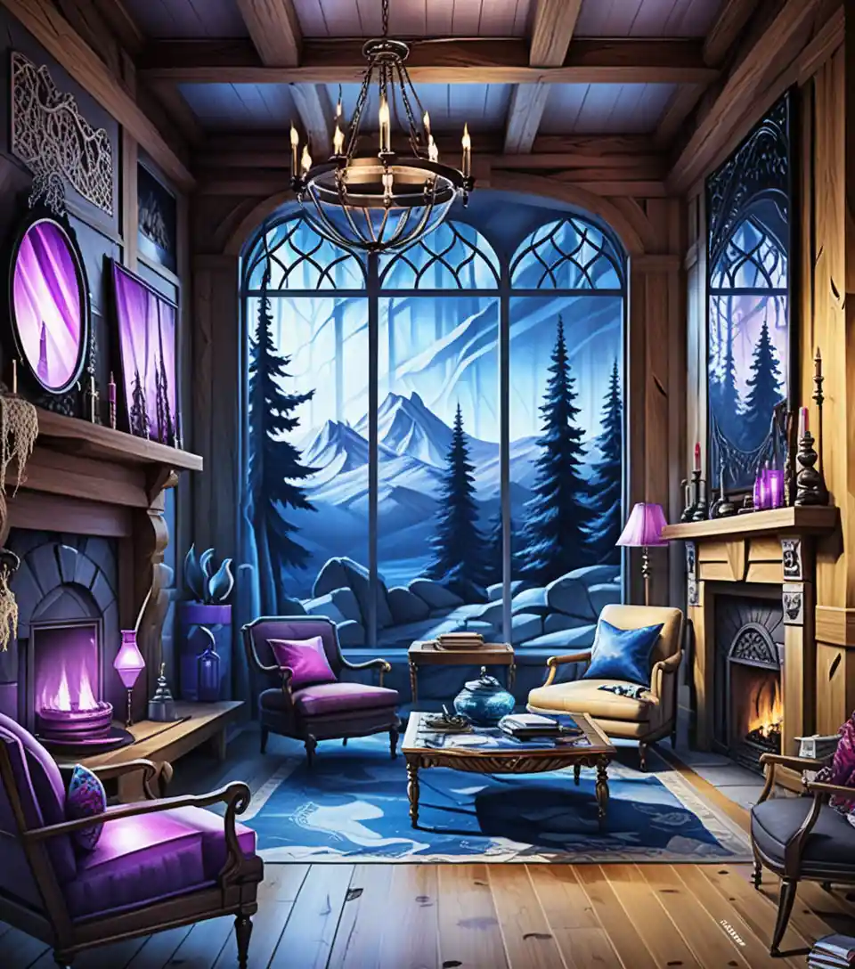 Line art gallery interior with dramatic forest fire paintings