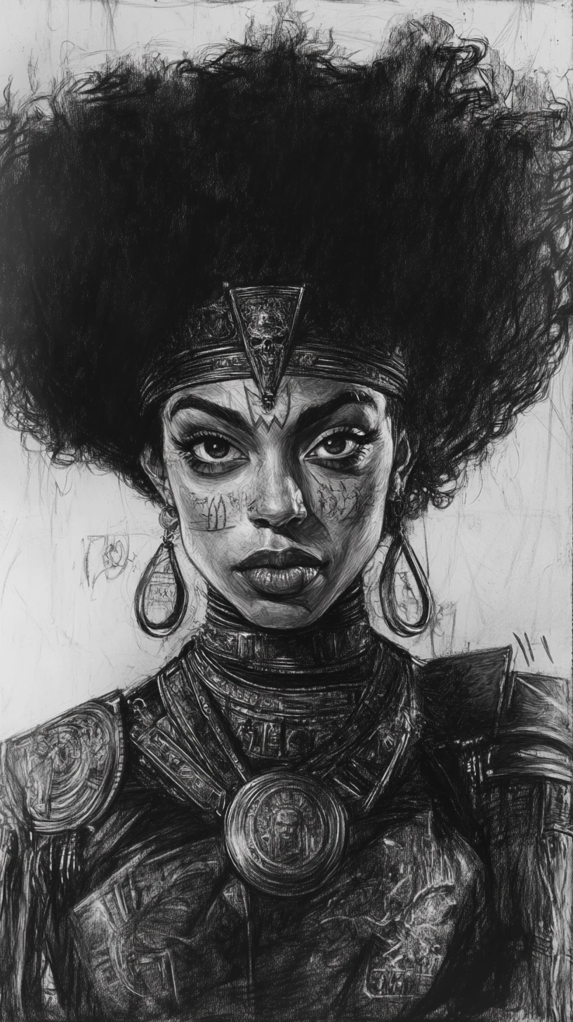 Charcoal caricature portrait of a woman with a massive afro
