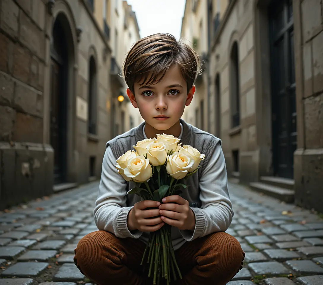Parisian boy holding white roses in a quiet alley