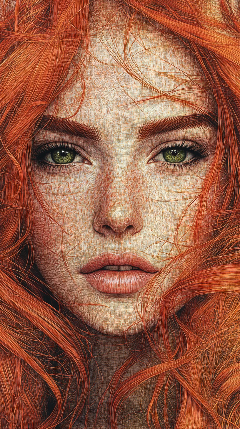 Freckled red haired woman line art portrait close up