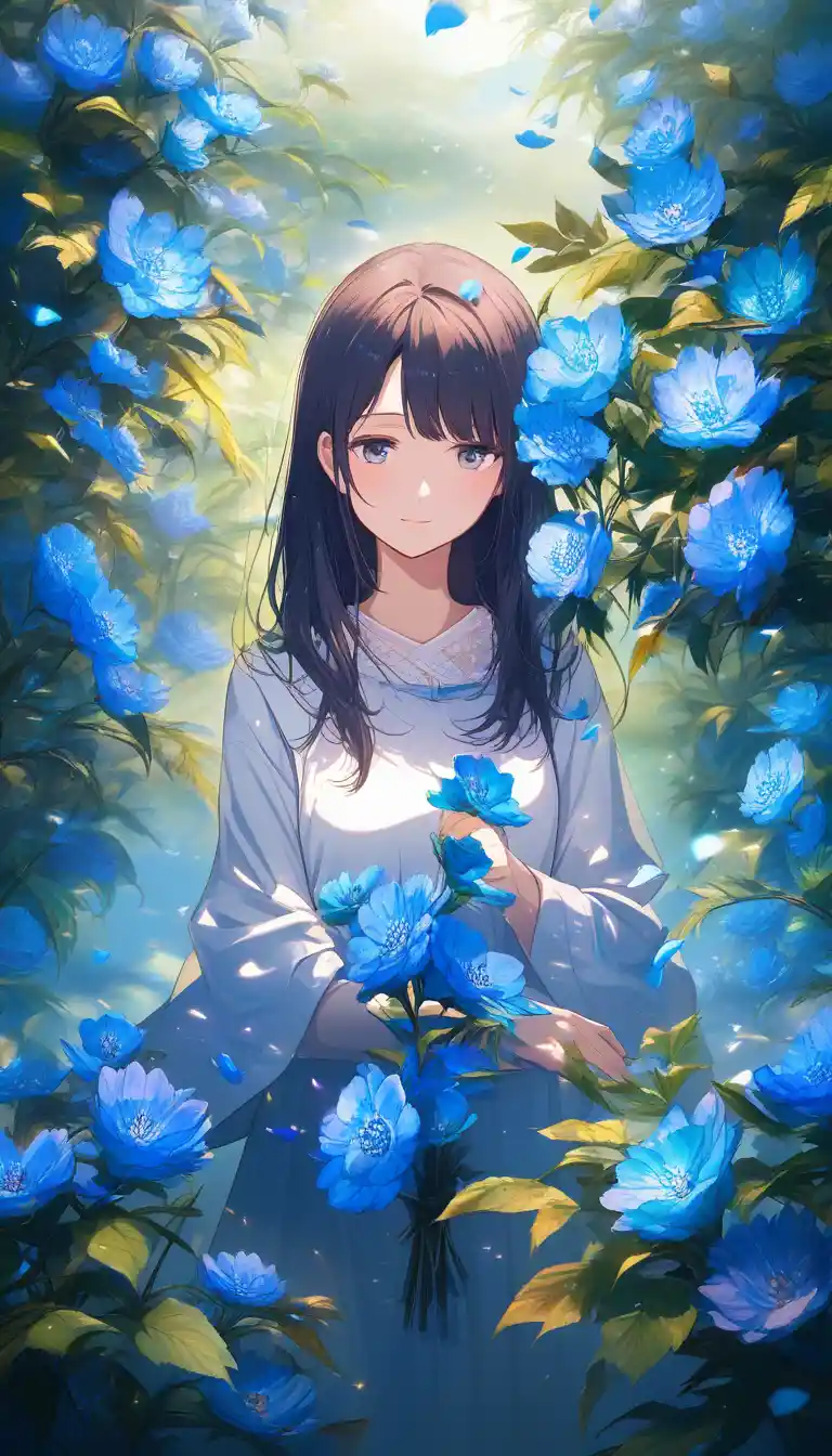 Japanese schoolgirl standing in a tranquil flower garden