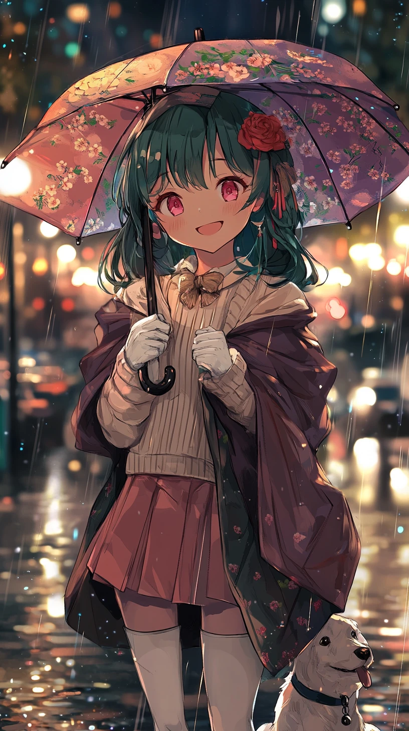 Anime girl in white sweater with red flower and cape