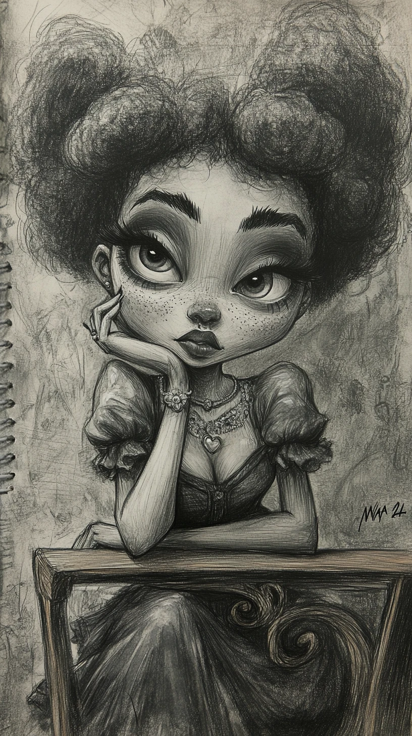 Charcoal caricature portrait of a woman with giant afro hair