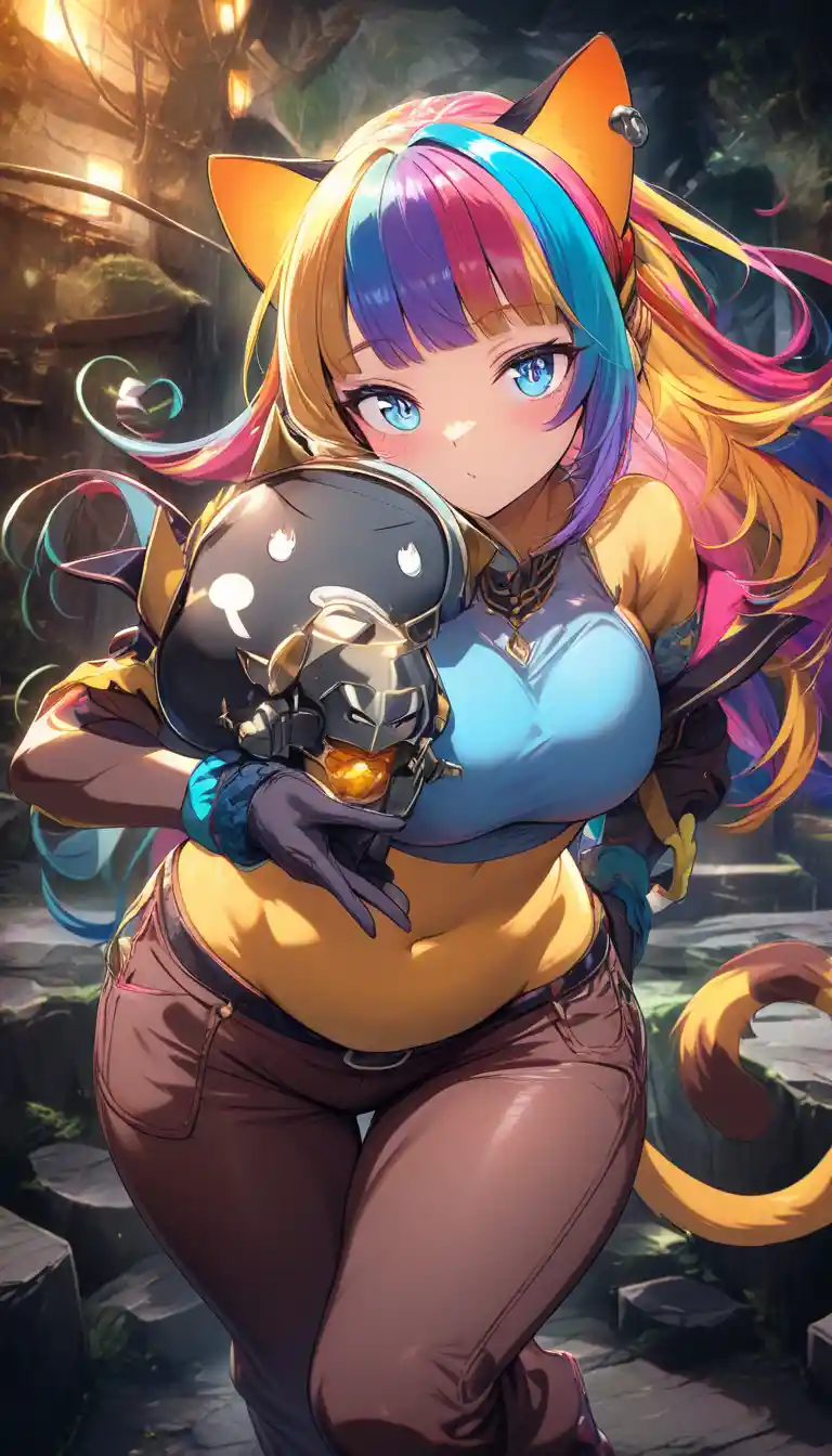 ダンジョンの鎧シーンの猫耳アニメ美女のクローズアップ