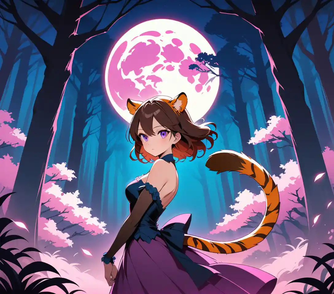 Elegant tiger eared woman in a mystical moonlit forest