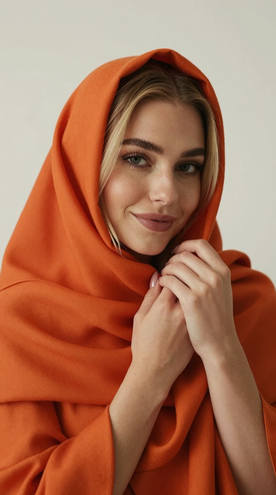 Young woman in orange headscarf studio close up portrait