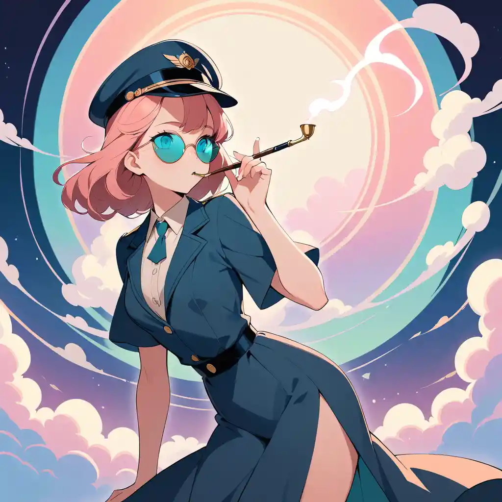 Femme noir stylée fumant devant des nuages pastel oniriques