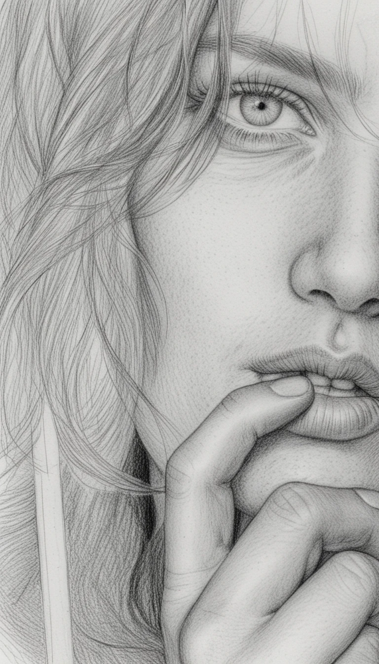 Pensive woman half face close up with hand near lips