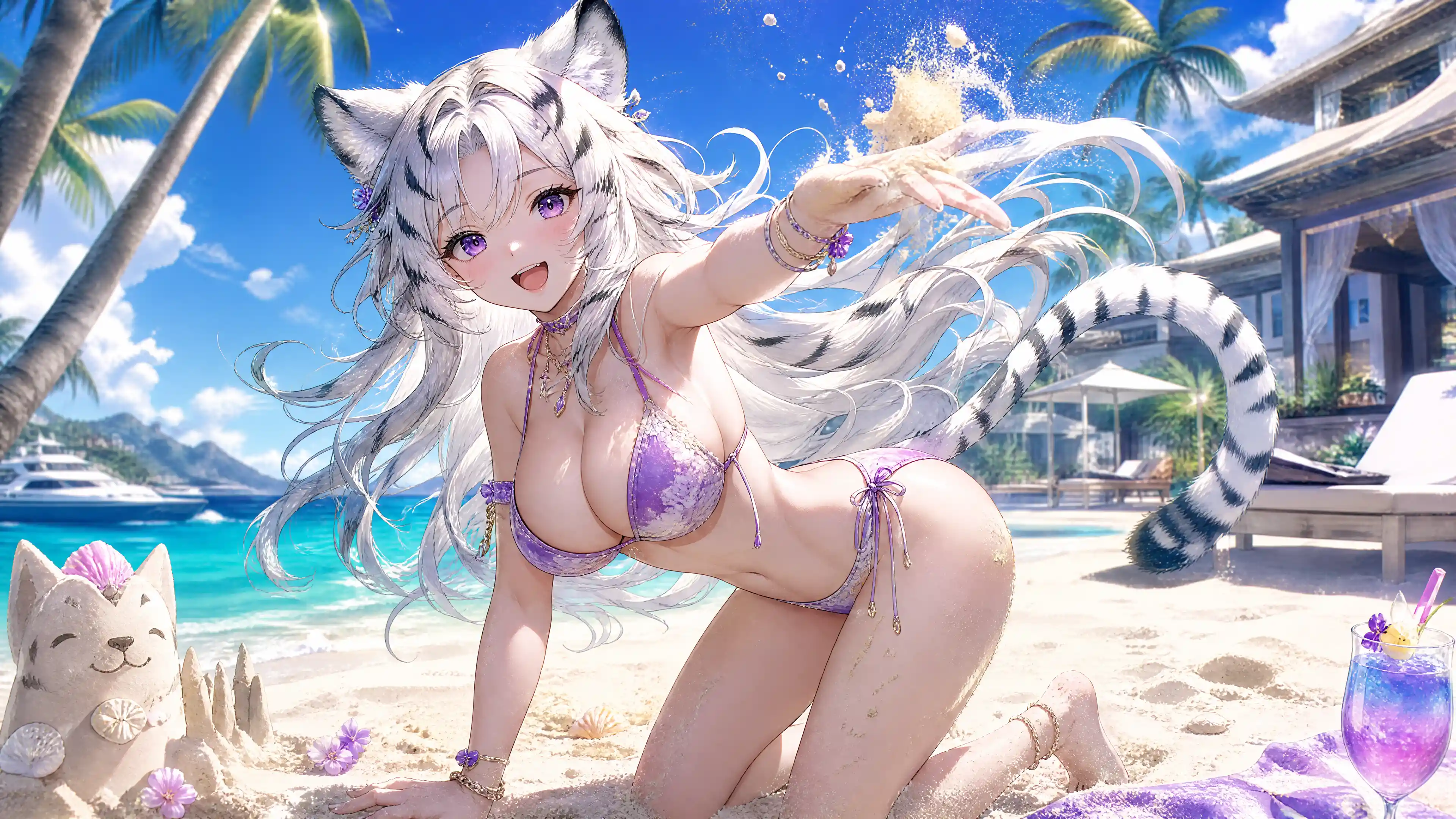 Joyful anime beach woman playing on tropical sand
