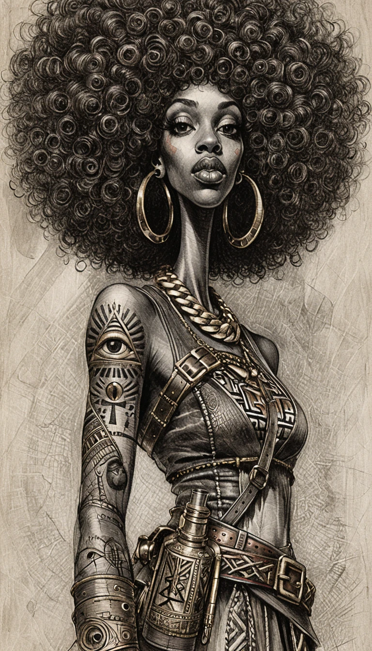 Charcoal portrait of a warrior woman with massive afro hair