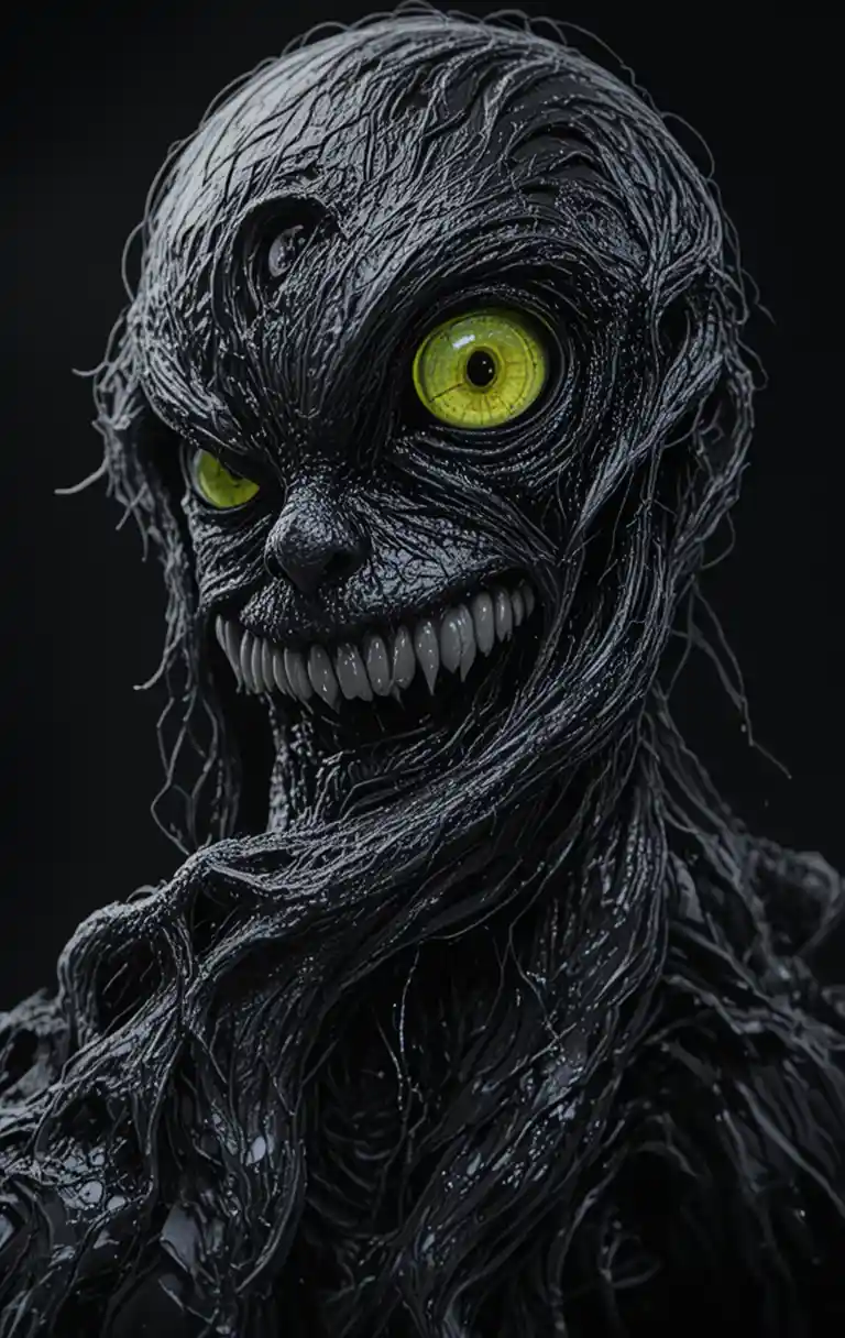 Grotesque monster with glowing eyes in black void