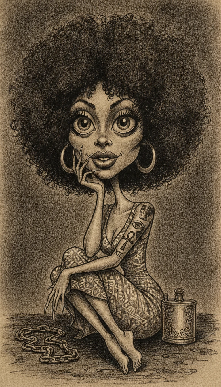 Charcoal caricature of a woman with oversized afro and tattoos