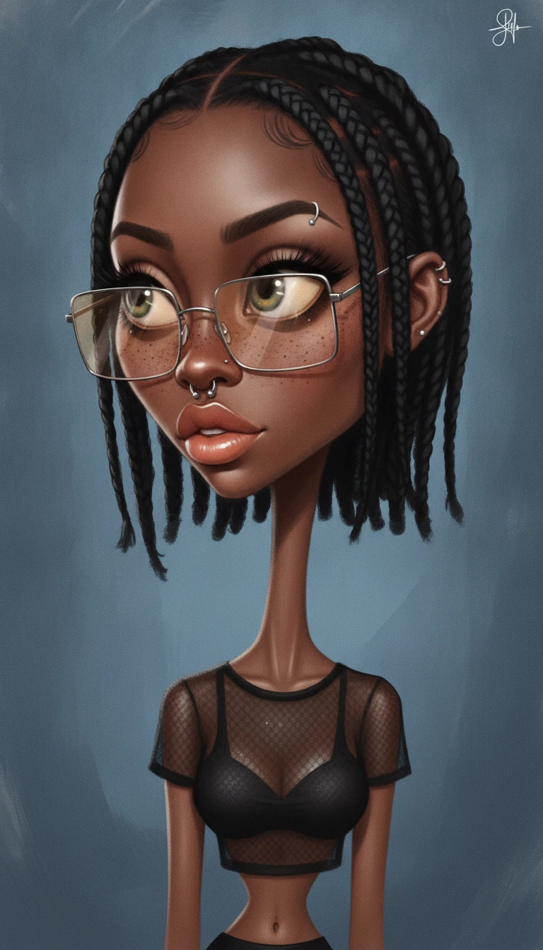 Stylized portrait of a pierced black girl in mesh top