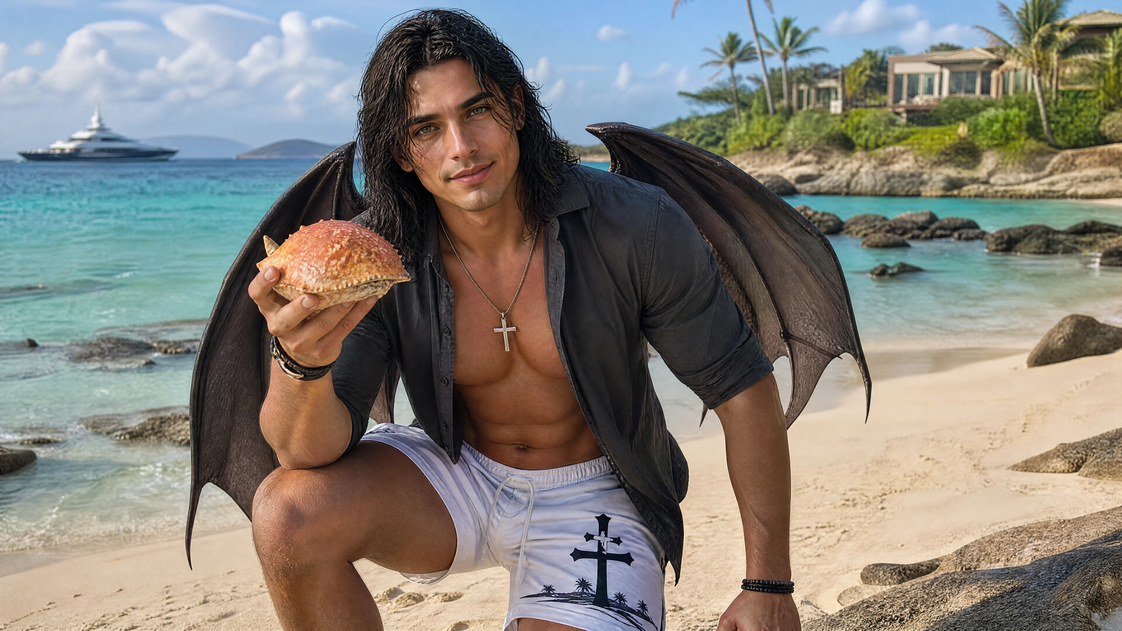 Winged Mexican man holding shell on tropical beach