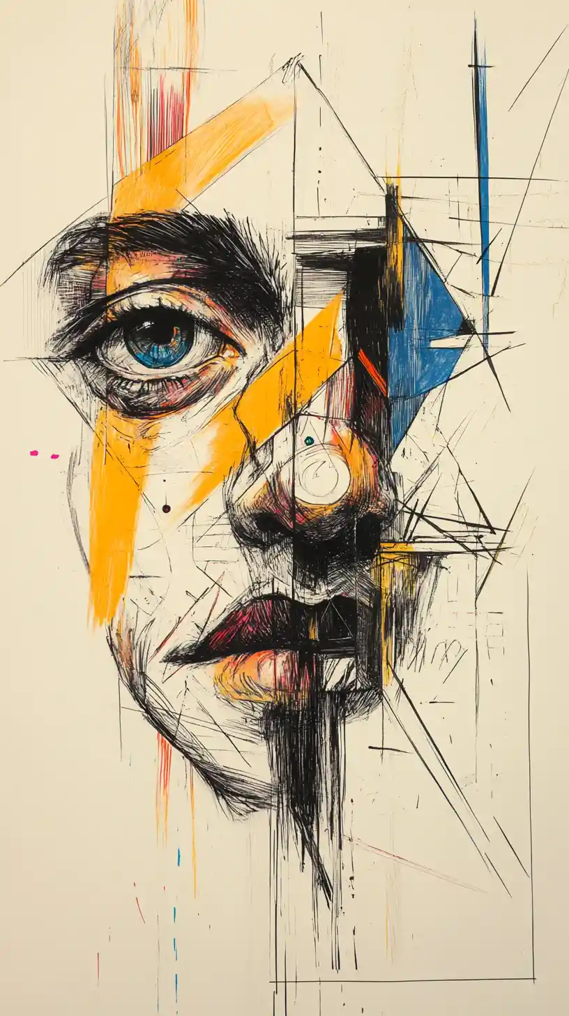 Abstract negative space painting with hidden colorful symbols