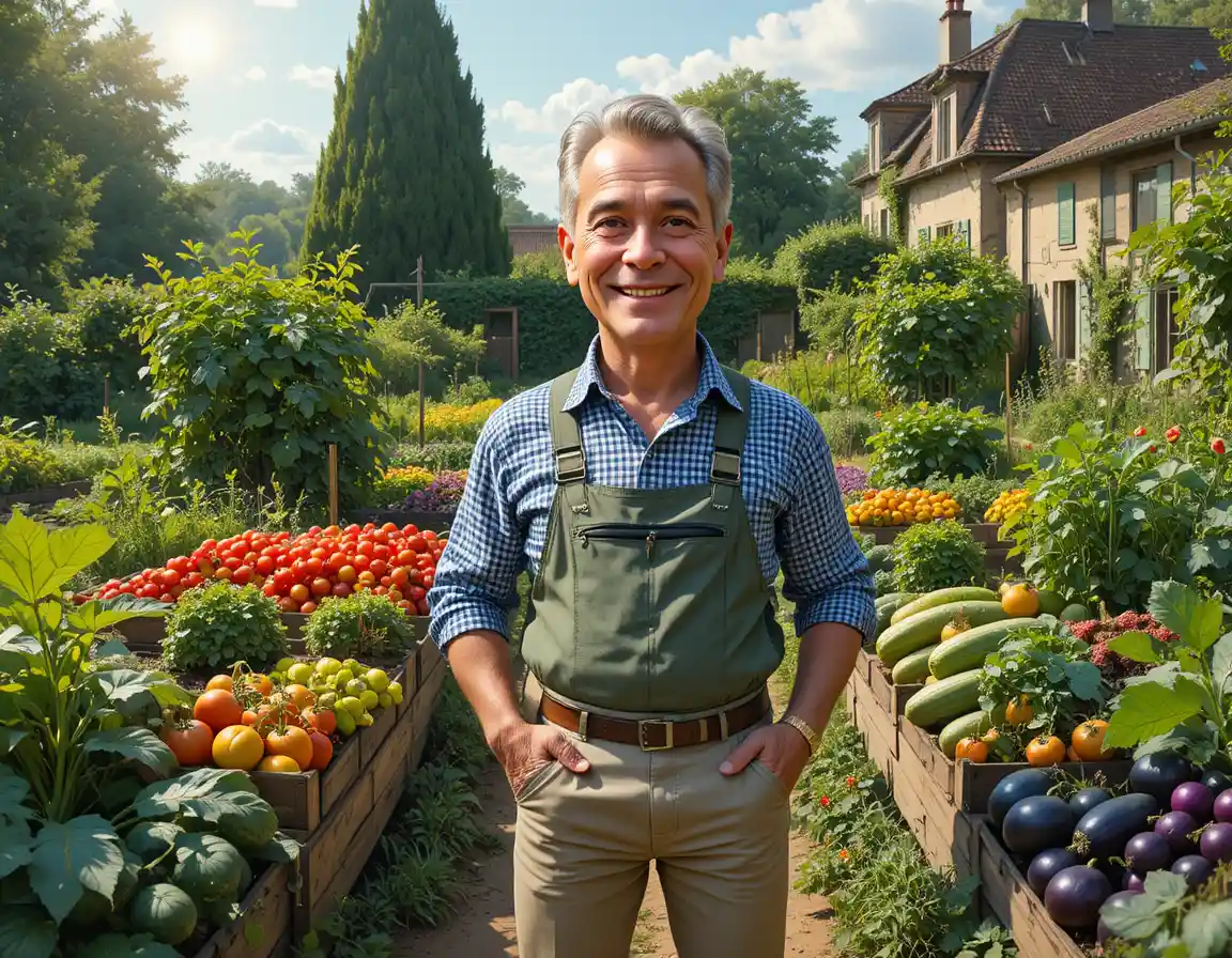 Middle aged gardener standing in a lush French vegetable garden