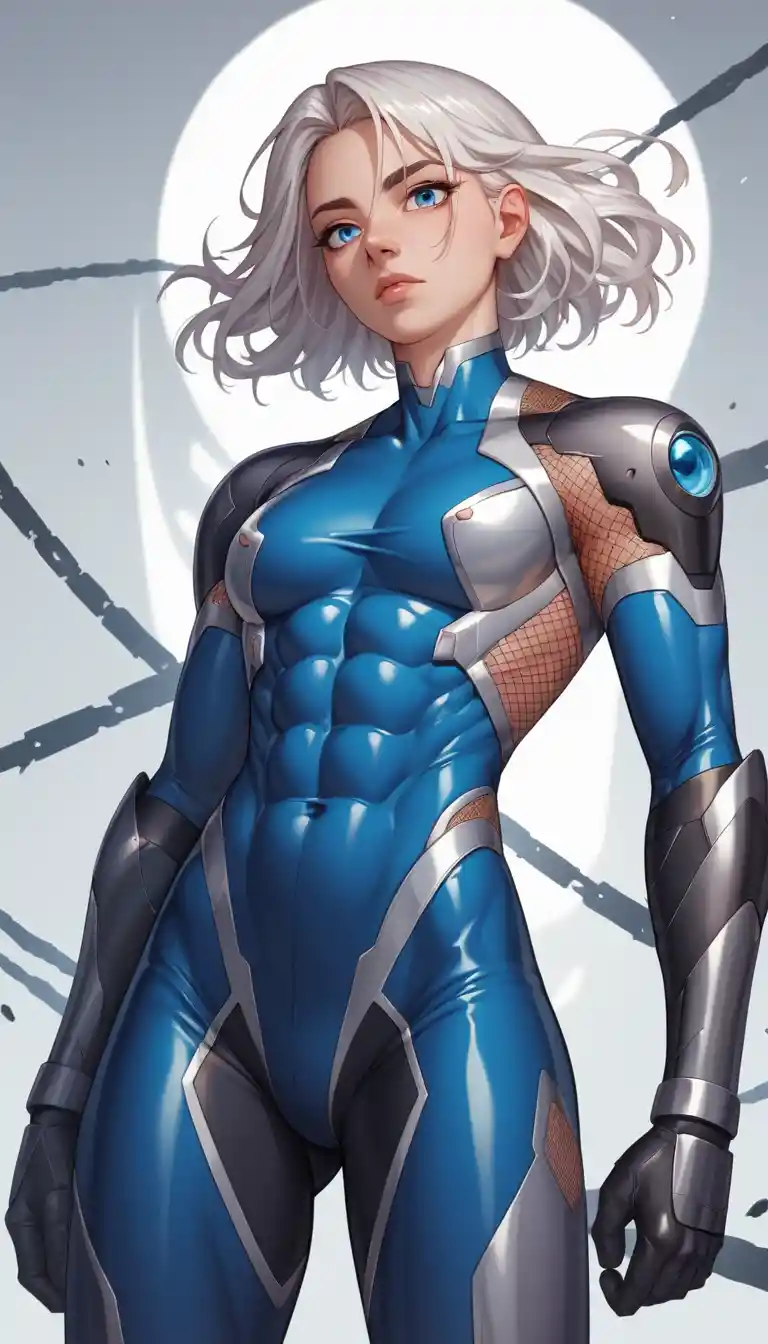 Confident platinum haired anime heroine in sleek bodysuit