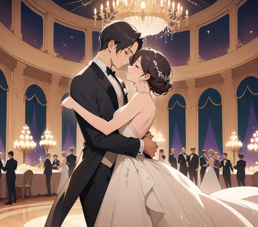Elegante coppia che danza in una lussuosa sala da ballo illuminata da lampadari