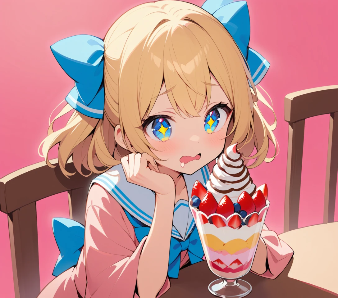 Anime girl admiring a parfait at a simple pink table
