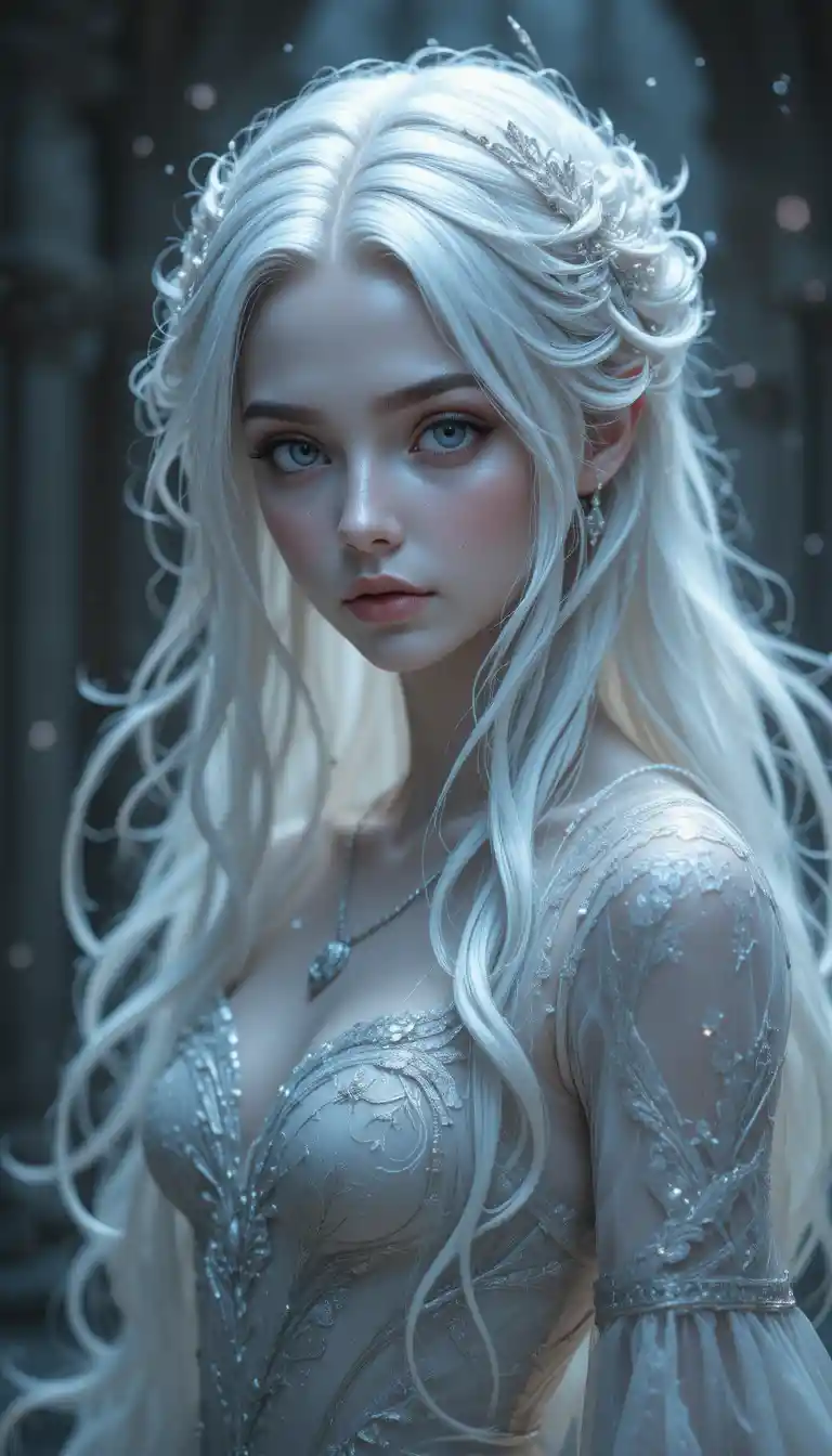 Ethereal anime ghost girl with flowing white hair