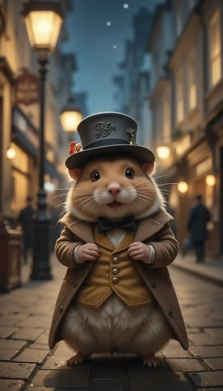 Victorian hamster gentleman on a London street at night