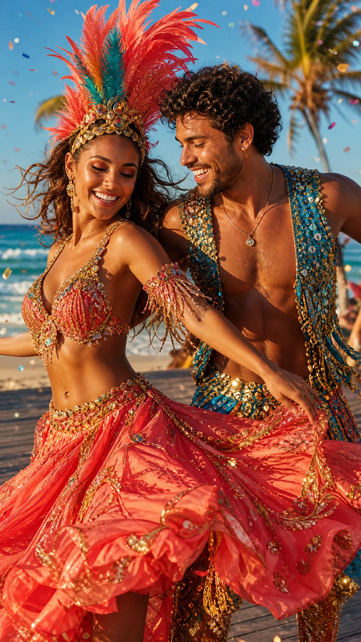 Carnival couple dancing on a sunny beach boardwalk