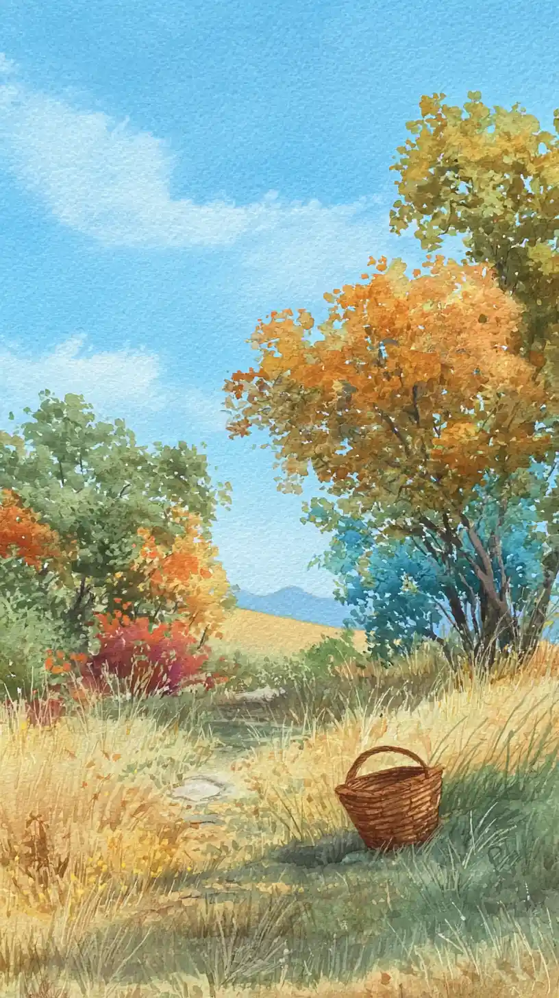Campagna di primavera ad acquerello con alberi e cesta
