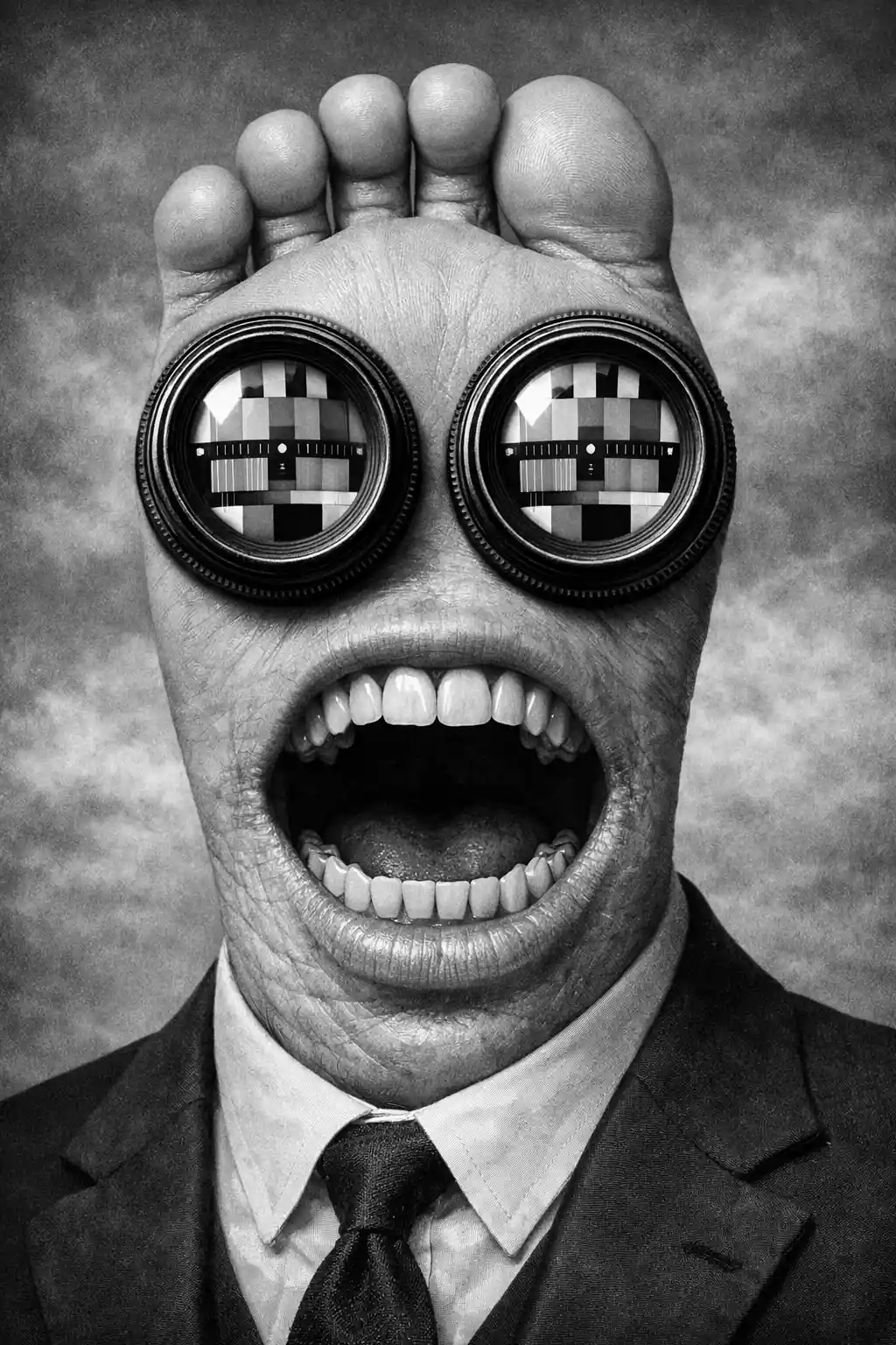 Surreal Foot Faced Portrait With Camera Lens Eyes