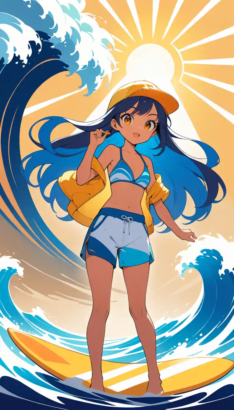 Anime surf girl poster with bold summer graphic design