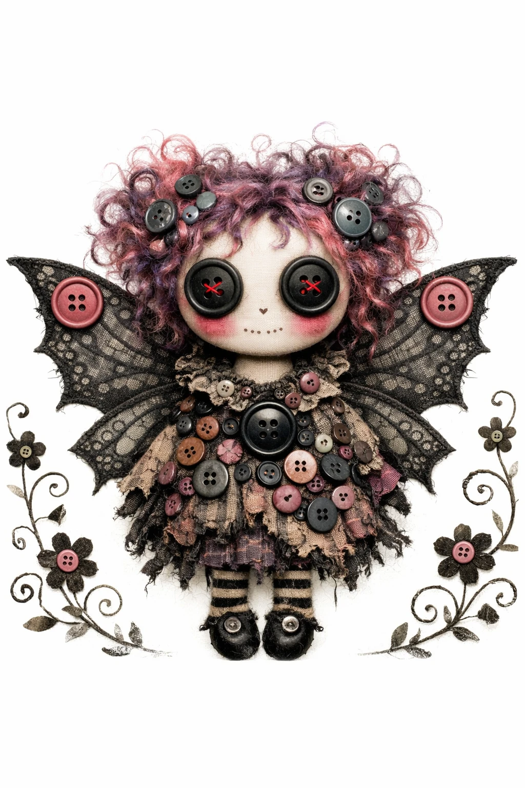 Whimsical gothic fairy doll with ornate button covered dress