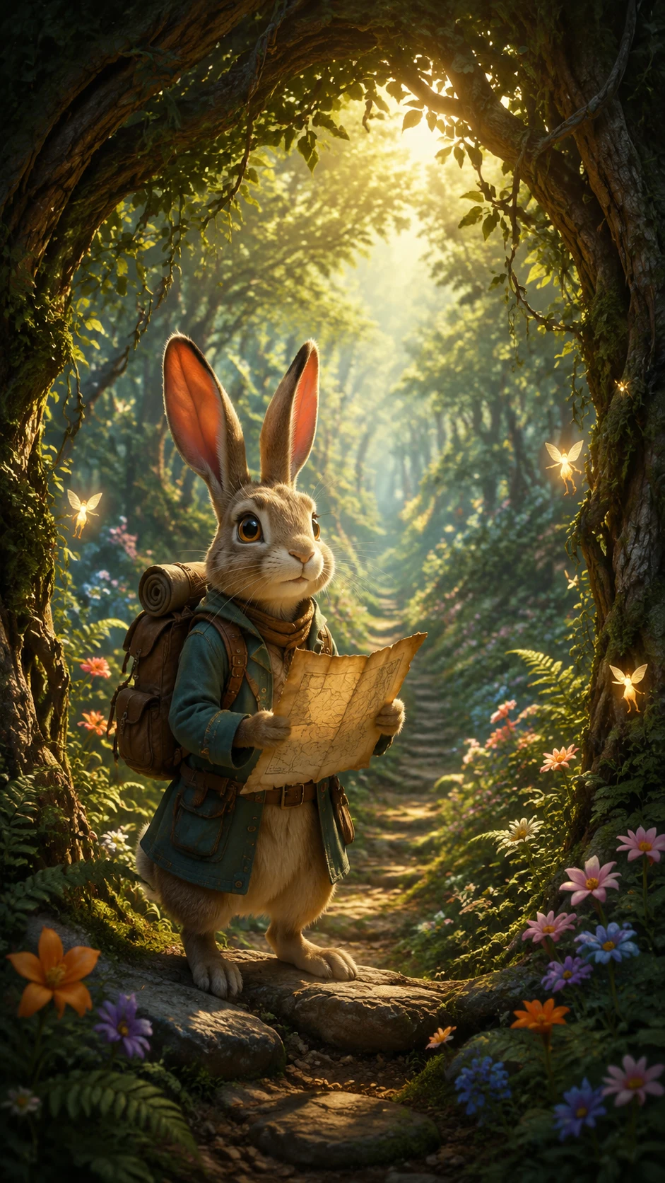 Brave rabbit adventurer at the edge of a glowing forest