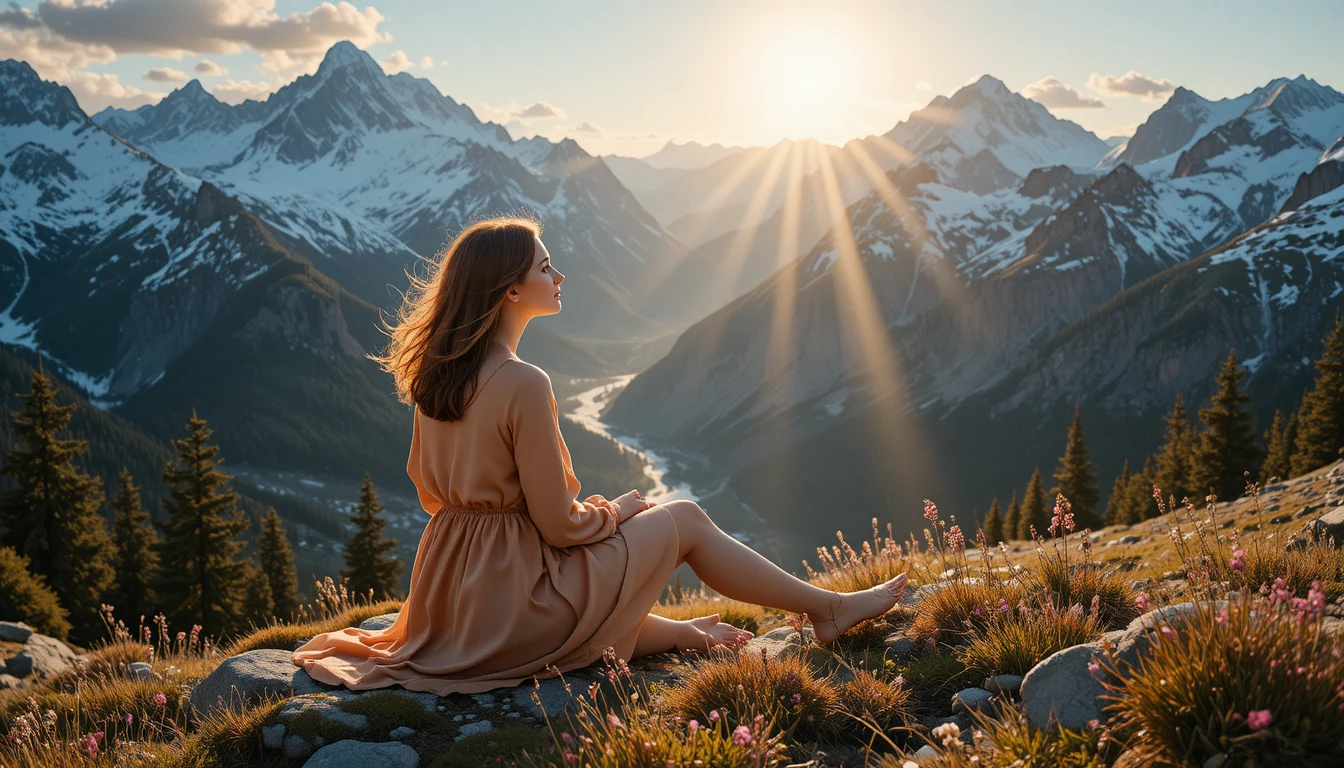 Woman in ochre dress facing sunlit alpine mountains