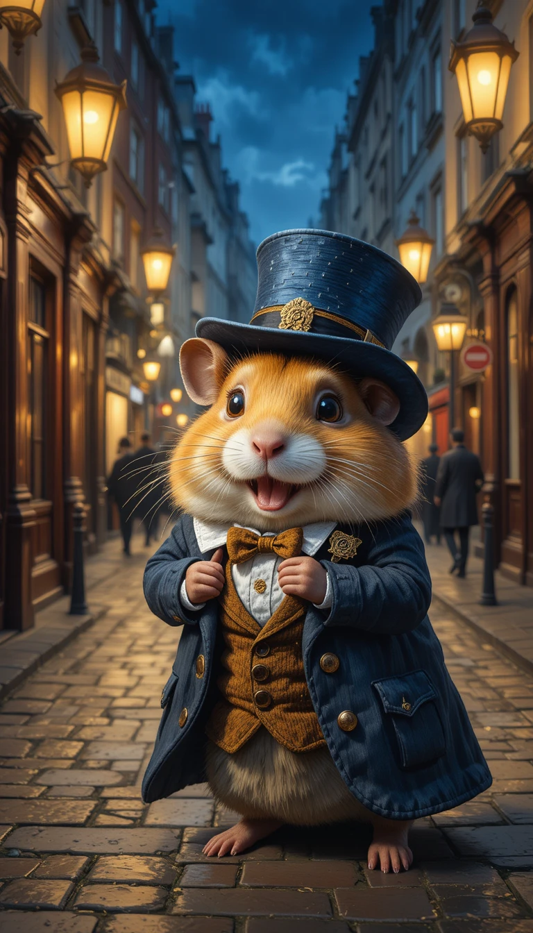 Cute hamster dressed as a Victorian gentleman at night