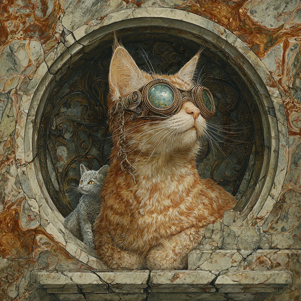 Ginger cat portrait in ornate circular frame with kitten